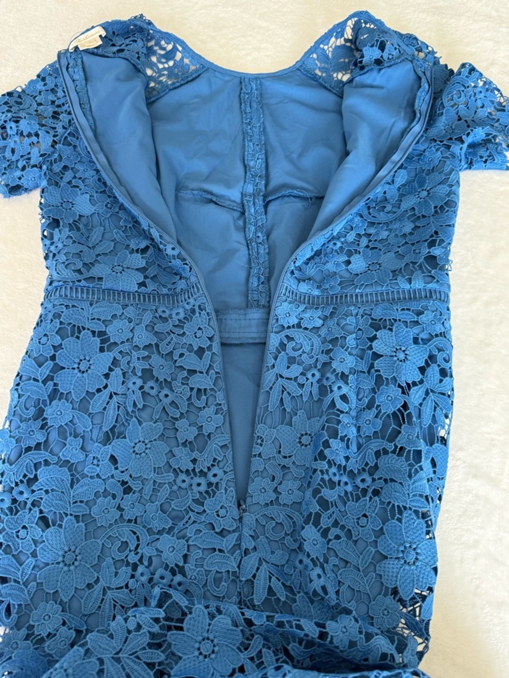 Shoshanna Blue Lace Midi Dress Size 0 Floral Crochet Fitted Ruffle Hem - Picture 7 of 15